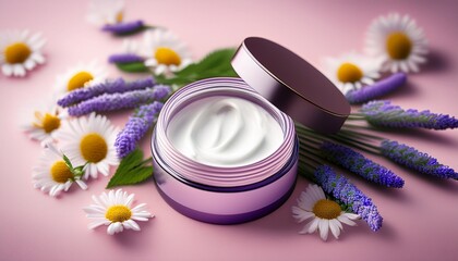 cream jar with open lid on pink background surrounded by daisies lavender and mint this natural skincare product looks fresh perfect for beauty or spa photos