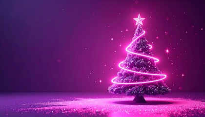Vibrant Christmas Tree Illuminated with Neon Pink Light on Glittery Purple Background