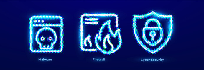 Malware Virus Ransomware Trojan Spyware Threat Detection Icons. Firewall Network Barrier Intrusion Prevention Traffic Filtering Logo. Cyber Security Data Protection Encryption Risk Management. Vector
