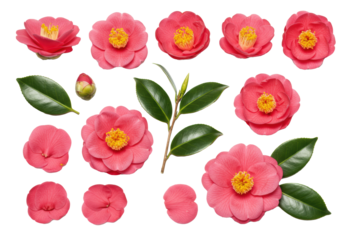 ultra-detailed flat lay macro of rose-pink japanese camellia flowers, golden stamen, buds, and glossy leaves on a white background, high-key studio lighting, precise biological study concept