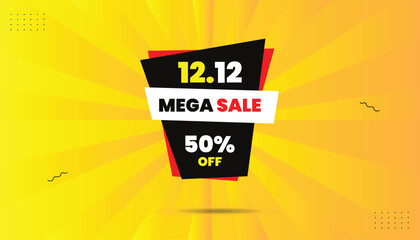 12.12 Mega sale 50% off editable eps format banner template design vector illustration icon sticker label black white red shapes with yellow orange hot abstract background