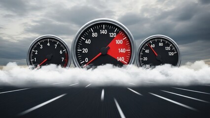 Speedometer gauges displaying high speed against cloudy sky