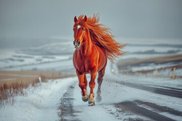 A red and brown horse runs along a snowy road.