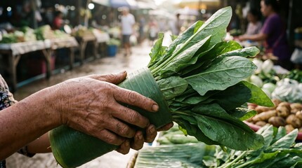 A village woman uses her timeworn hands to wrap fresh spinach in a banana leaf.