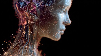Futuristic profile of humanoid with glowing circuits on dark background.