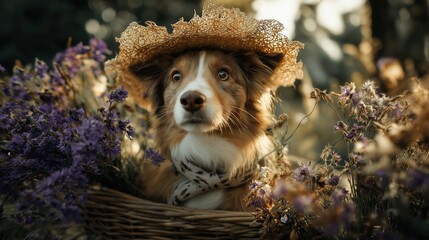 Cute dog wearing straw hat sitting among wildflowers in warm sunlight.
