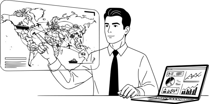 Supply chain manager man planning global logistics network vector illustration
