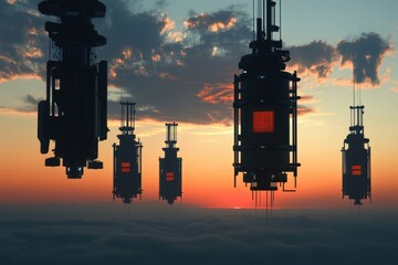 Dramatic sunset with futuristic structures silhouetted against the sky