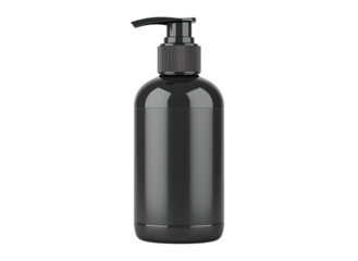  black Minimal cosmetic bottle with pump, realistic plastic texture, isolated, white background, studio lighting, PNG