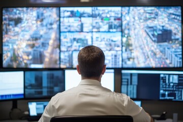 Monitoring city traffic from a control room at night with multiple screens displaying live feeds
