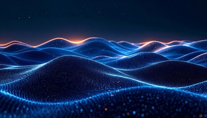 Abstract depiction of undulating blue waves with orange highlights and a starry sky backdrop