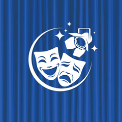 icon of comedy and tragedy theatrical masks with blue curtains
