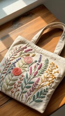 Beige fabric tote bag with embroidered floral pattern placed on a wooden surface in natural sunlight. Colorful stitched flowers and leaves with long handles, viewed from above.