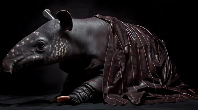 A surreal, artistic studio portrait of a Malayan tapir with armored feet, partially draped in dark fabric against a black background, creating a mysterious mood