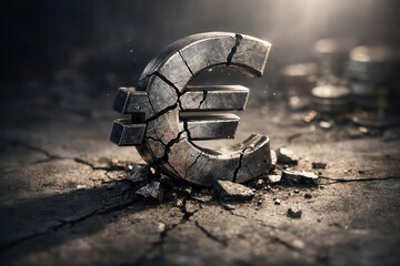 Cracked euro currency symbol lies on parched earth, symbolizing economic fragility in a desolate scene.
