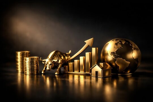 Golden bull market strength with rising graph, home and earth symbol investment success. - Powered by Adobe
