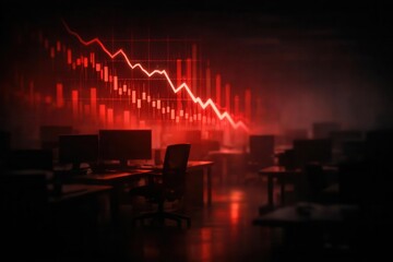 Decline visual in office setting, financial chart plunges downward in a dramatic red hue.