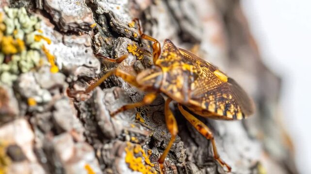 A close-up of a brown insect on tree bark. Detailed focus and composition