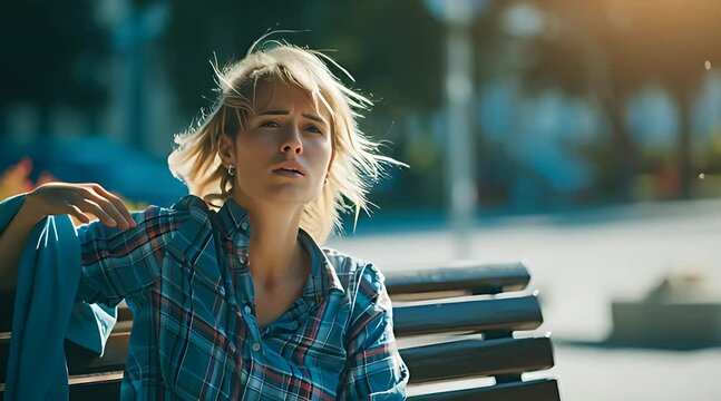 A young woman, visibly suffering from the intense summer heat, sits on a park bench trying to cool down as the wind blows through her hair on a scorching sunny day
