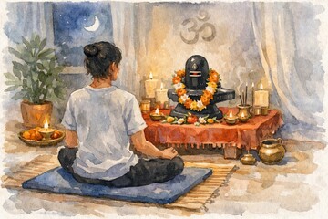 Meditation on maha shivaratri with shiva lingam, flowers, candles, and offerings. watercolor illustration of spiritual worship and devotion in a tranquil setting