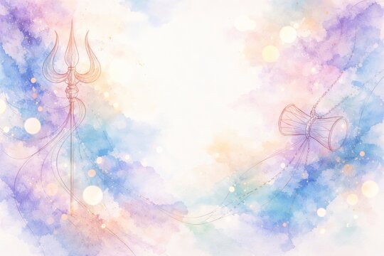 Abstract watercolor background featuring trishul and damru with colorful splash for maha shivaratri celebration, spiritual symbolism, divine vibes, artistic expression, copy space, background