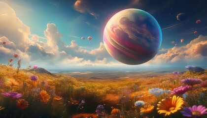 planet floating in sky above field of flowers dreamy and surreal scenery