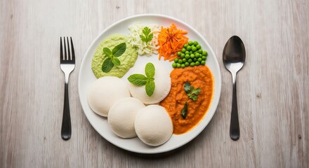 Idli with chutneys arranged to represent Indian flag colors for Republic Day celebration. Traditional food for patriotic holiday or meal.