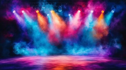 Empty stage with vibrant multicolored spotlights illuminating smoke and creating a dynamic abstract background effect for concert or event promotion. copy space