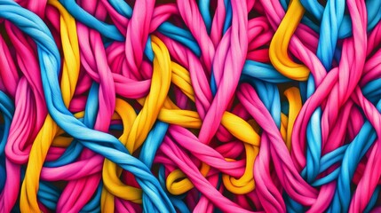 Colorful twisted ropes intertwined in a vibrant abstract pattern, showcasing a playful and dynamic background for creative design projects.