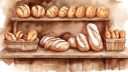 Watercolor illustration of fresh baked goods in a bakery. Assorted bread and rolls on wooden shelves. Baking and food art concept for menu design.