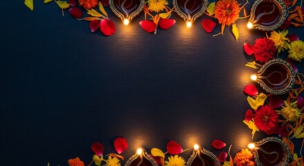Indian oil lamp diyas with vibrant flower petals on a dark background, creating a decorative border. Hindu festival greeting card design for light celebration. copy space