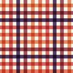 Seamless geometric plaid pattern with intersecting horizontal and vertical lines creating a grid of squares in shades of red, orange, dark blue, and cream
