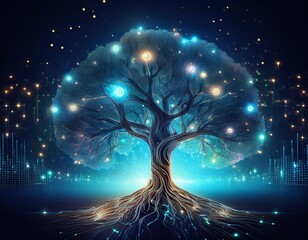 tree with glowing digital roots in a landscape technology