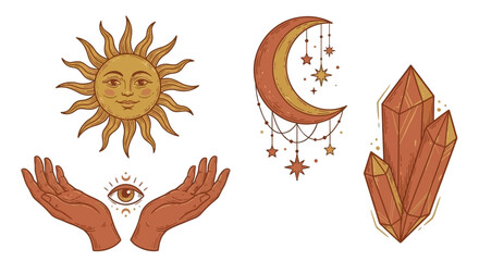 Illustration of celestial bodies and crystals symbolizing spirituality and mysticism in a white background