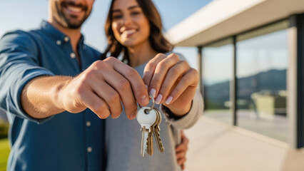 Happy couple holds keys to their new home in front of a blurred modern house exterior. Defocused man and woman together against their new apartment. Real estate concept.