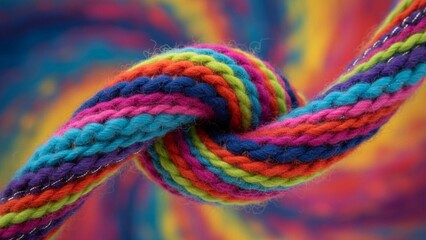 Twisted textile rope in rainbow colors on blurry gradient background; thick wool yarn; woven textile close up 