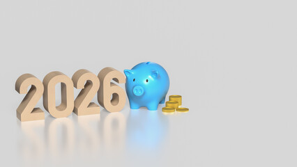 2026 Financial Planning Concept with Blue Piggy Bank and Coins 3d render.