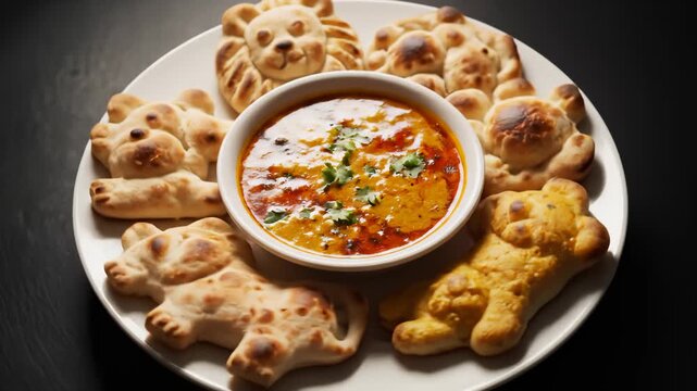 Serving Animal Shaped Naan Bread With Dahl Lentil Soup