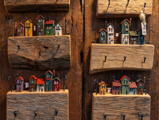 Multiple handmade wooden key holders with small painted houses and metal hooks hang on a rustic...