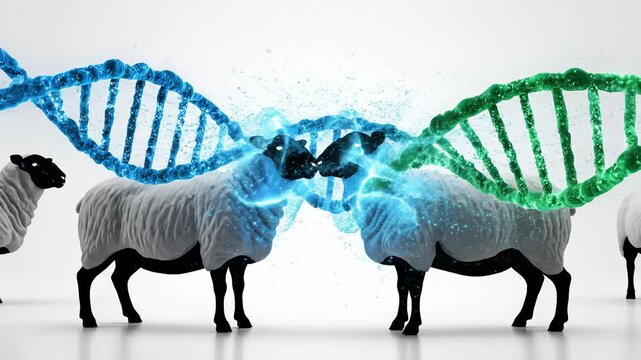 Sheep Facing Each Other With Dna Strands Connecting, Genetics Concept