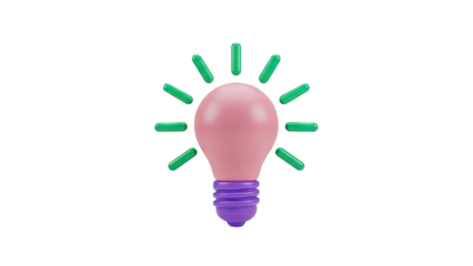 Pink and purple lightbulb with green radiating lines on white background