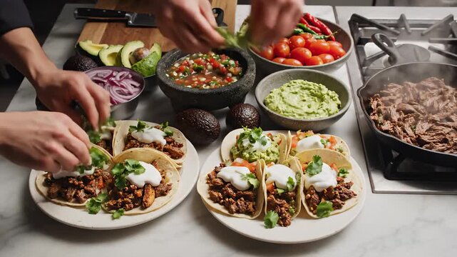 Preparing Fresh Tacos With Salsa, Guacamole and Cooked Meat