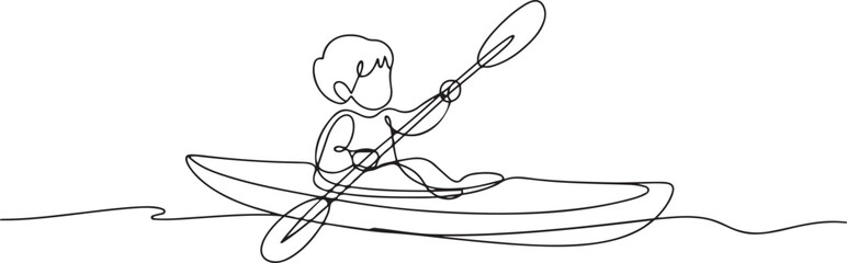 Continuous line drawing of a child kayaking on water. one line Art icon drawing © MDROBIUL