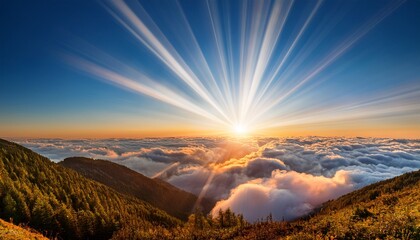 breathtaking sunrise over clouds with radiant sunrays in sky