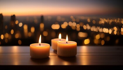 soft glowing candles flicker in the darkness creating a warm tranquil atmosphere with city lights blurred in the background