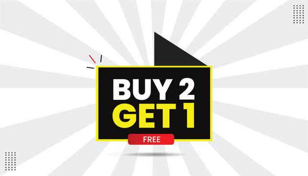 Buy 2 get 1 free editable sticker icon label eps format template design with black red yellow shapes white yellow bold font white gray gradient abstract hot background illustration