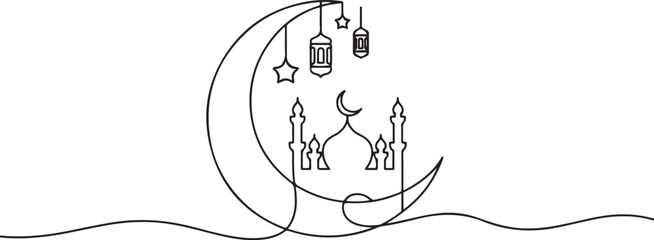 Naklejka premium Moon continuous one line art drawing of Ramadan Kareem and Eid in outline vector illustration. one line Art icon drawing