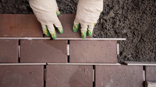 Worker wearing gloves laying new brown paving stones, using a rubber mallet and spacers on a gravel base