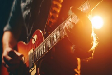 Obraz premium Guitarist performing passionately on stage during a live music event in the evening