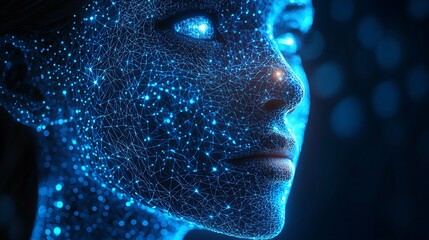 Artistic 3d Rendering of a Modern Ai Face With Polygon Mesh Glowing Skin and Futuristic Wireframe Symmetry In a Sleek Composition